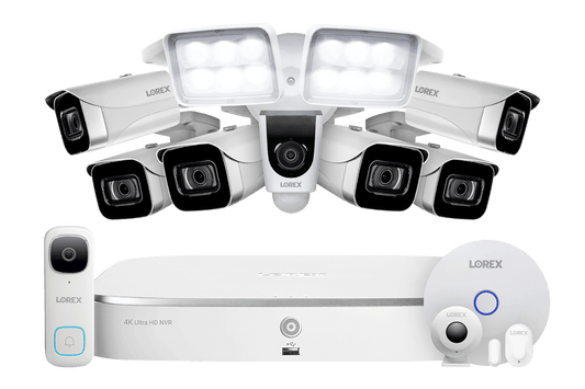 8-Channel NVR Fusion System with Six 4K (8MP) IP Cameras, 2K Wi-Fi Video Doorbell, Wi-Fi Floodlight Camera and Smart Sensor Starter Kit