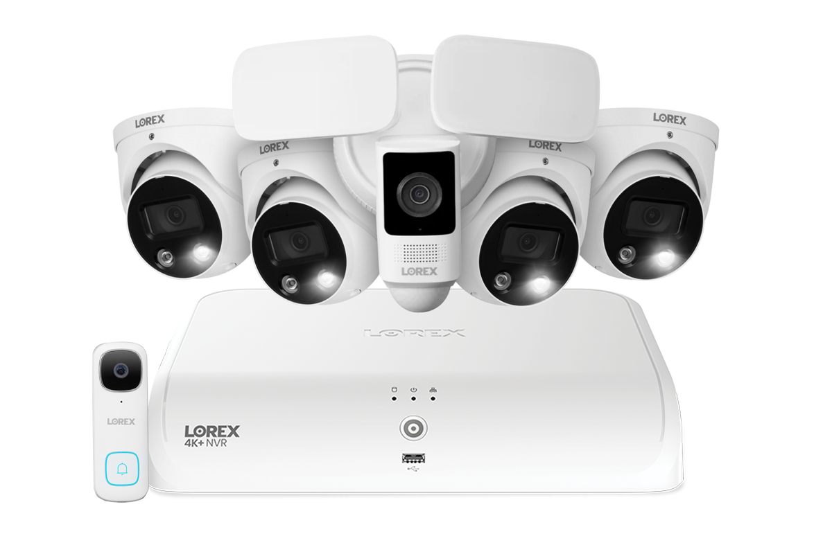 Lorex Fusion 4K+ 16 Channel (8 Wired + 8 Fusion Wi-Fi) 2TB NVR System with Four H13 Wired 4K IP Dome Cameras, One 2K Wired Doorbell, and One 2K Floodlight
